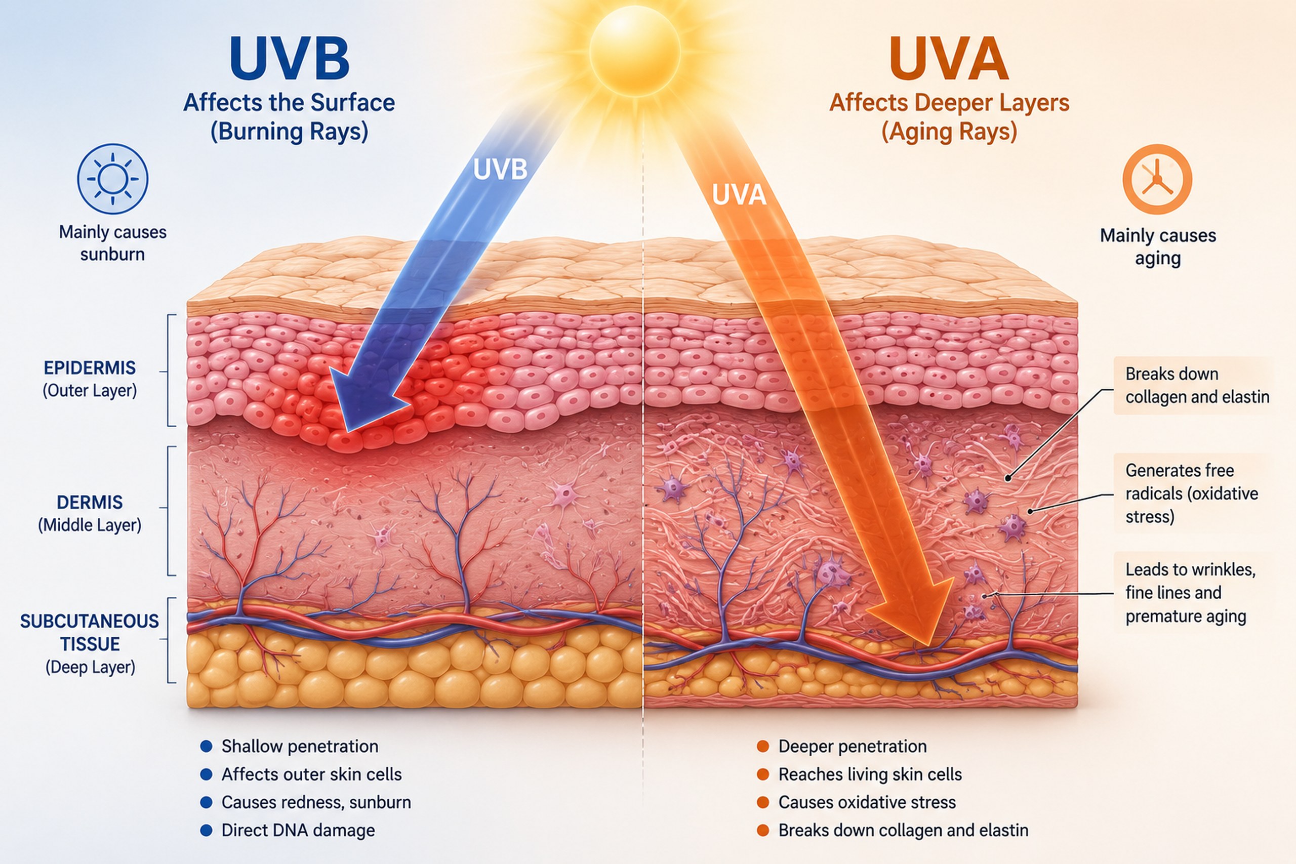 Medical illustration showing UVA penetrating deeper into skin while UVB affects surface layers