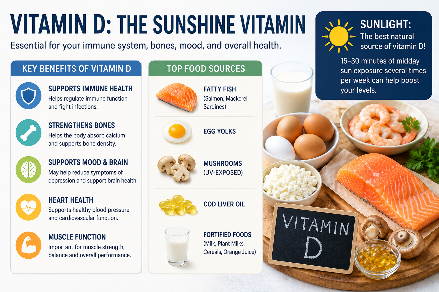 Infographic showing vitamin D health benefits, food sources, immune support, and sunlight exposure recommendations