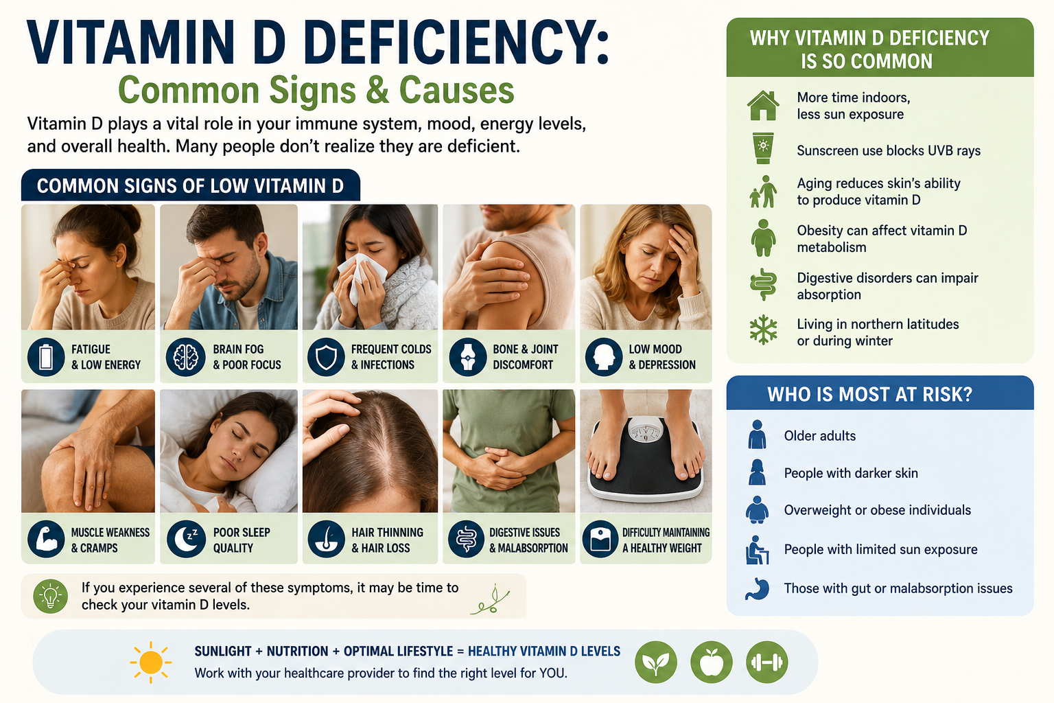 Infographic showing common vitamin D deficiency symptoms including fatigue, low mood, poor sleep, infections, and muscle weakness
