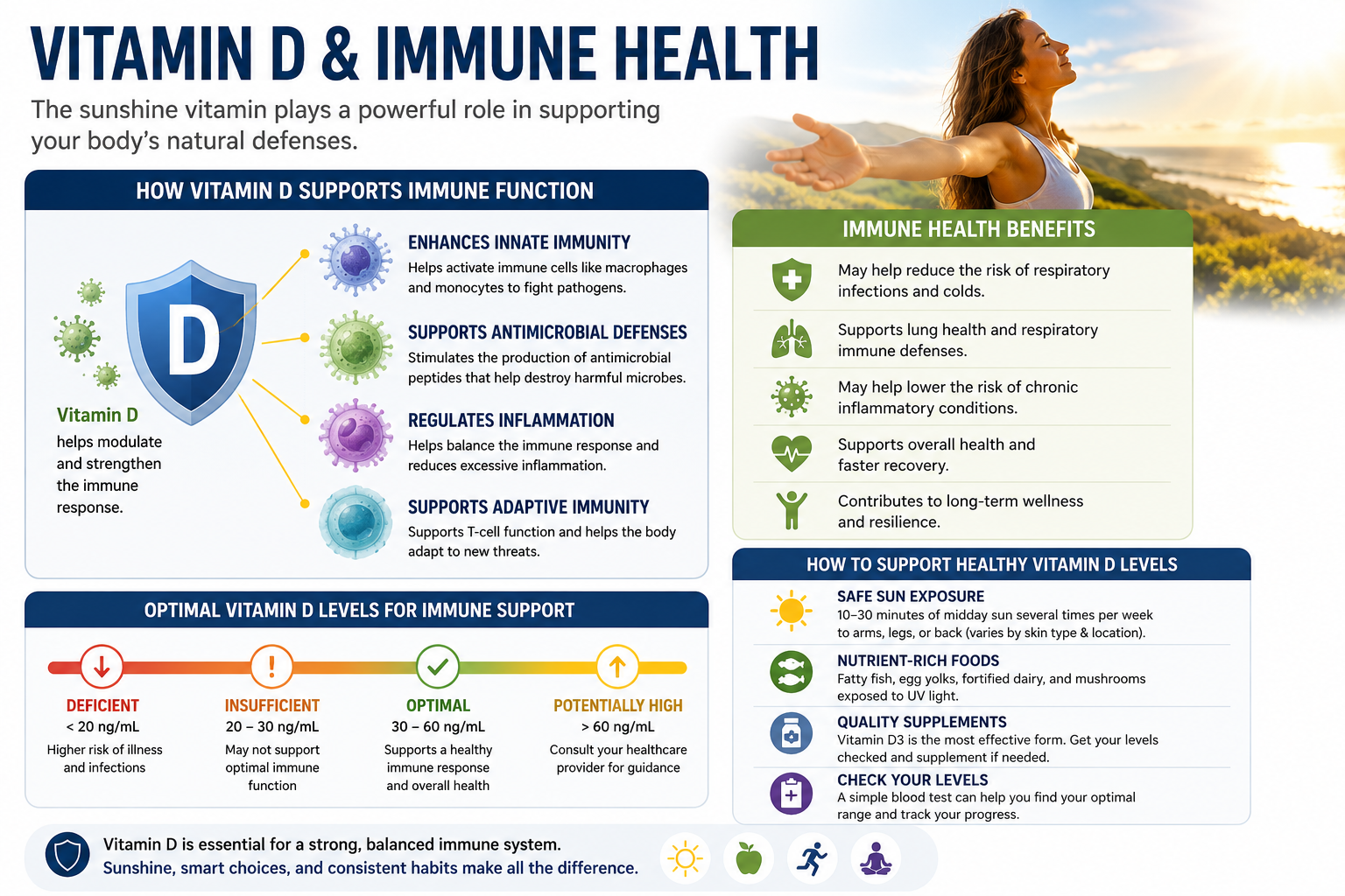Infographic explaining how vitamin D supports immune health, inflammation balance, and infection defense