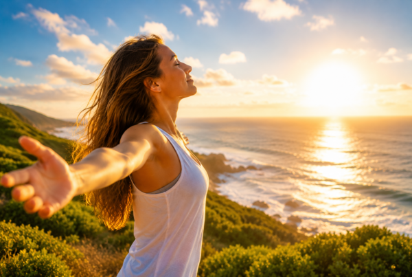 Woman enjoying natural sunlight near the ocean representing healthy vitamin D production and wellness