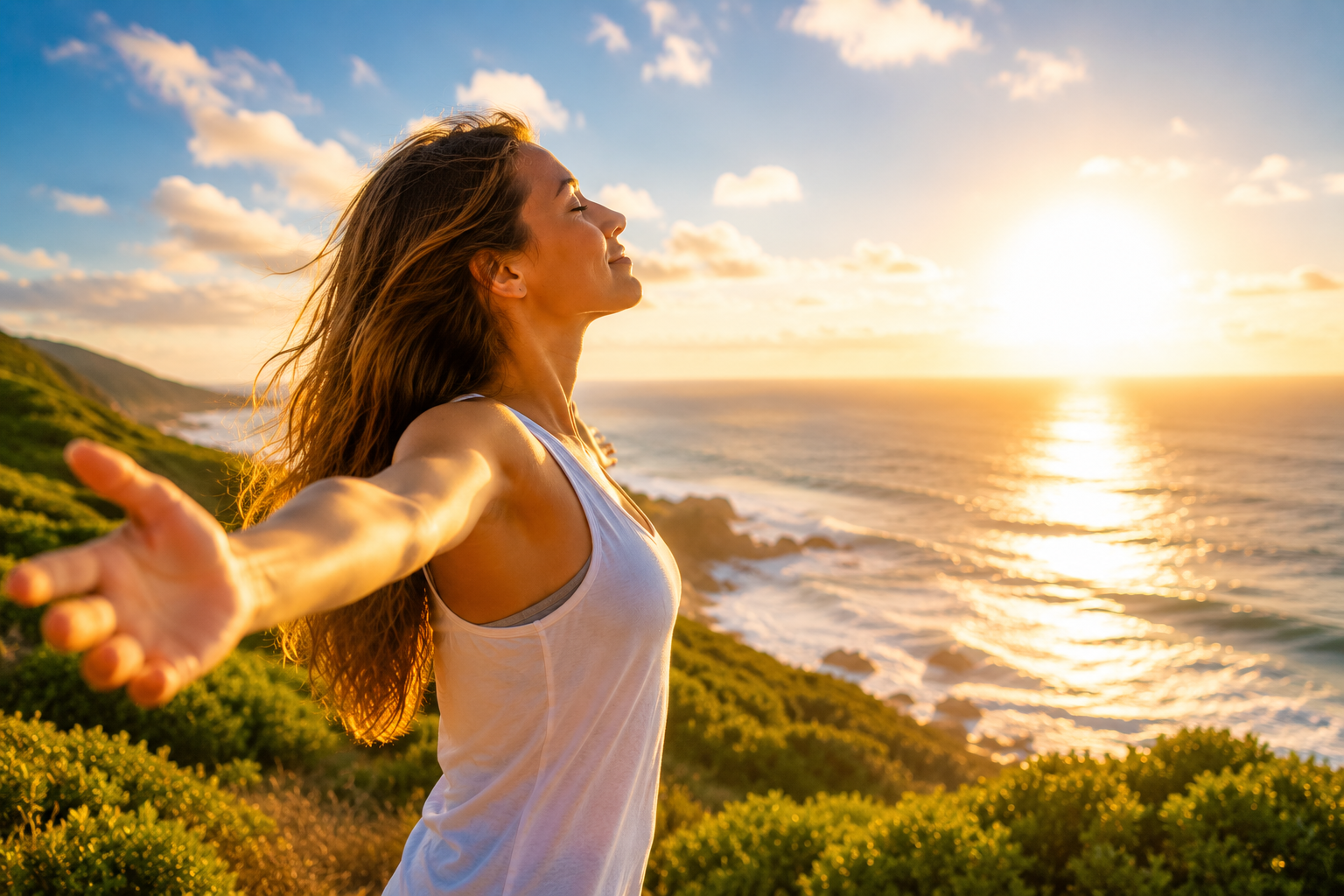 Woman enjoying natural sunlight near the ocean representing healthy vitamin D production and wellness