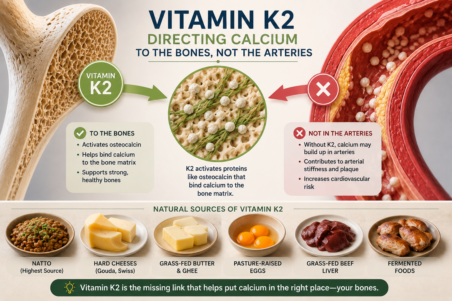 Vitamin K2 infographic showing how vitamin K2 helps direct calcium into bones instead of arteries