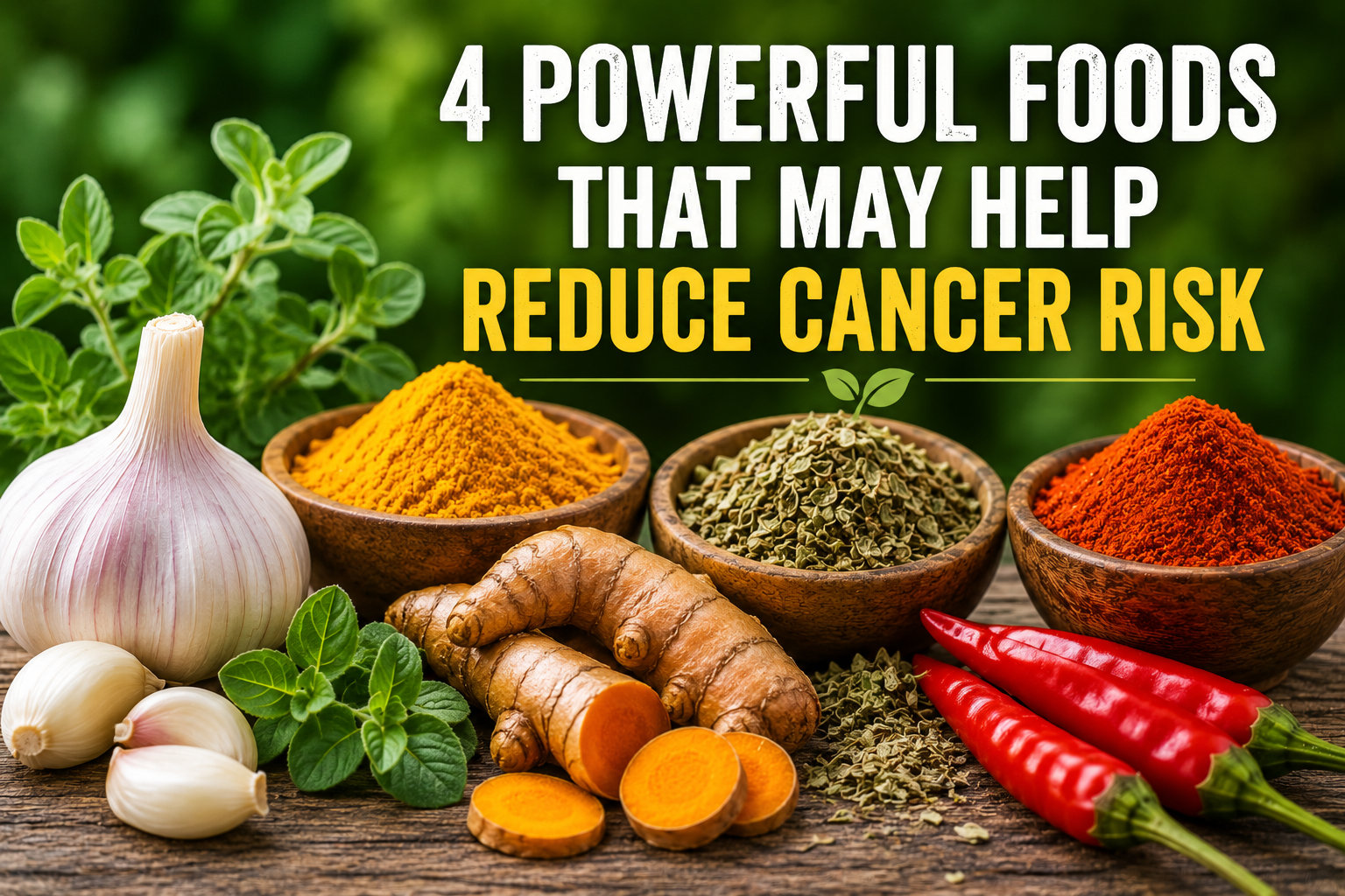 Garlic, turmeric, oregano, and cayenne pepper displayed with text highlighting their potential role in supporting long-term health and cancer prevention strategies.
