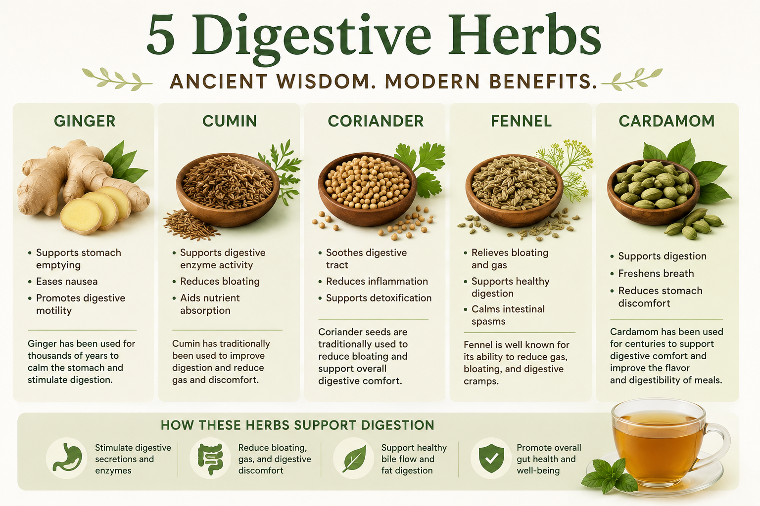 Infographic showing ginger, cumin, coriander, fennel, and cardamom along with their traditional digestive health benefits.
