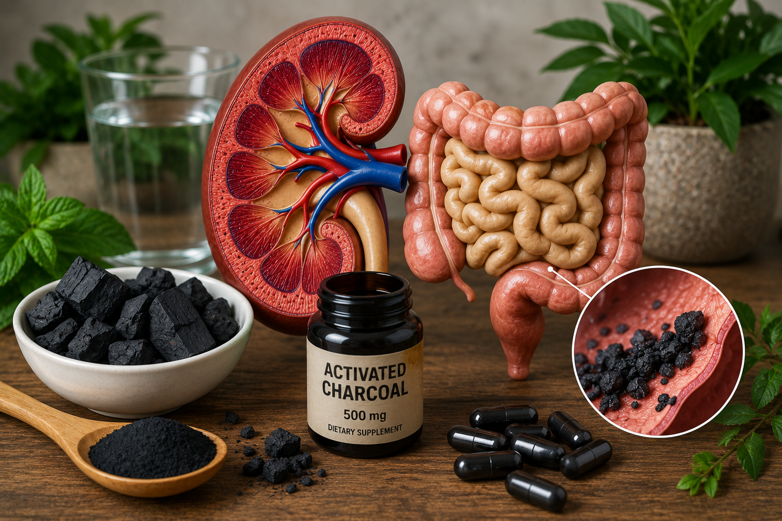 Activated charcoal supplement with kidney and digestive system models illustrating the gut-kidney connection and toxin binding support