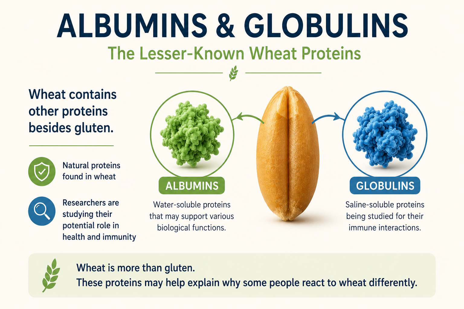 Educational infographic explaining albumins and globulins, lesser-known proteins naturally found in wheat that are separate from gluten