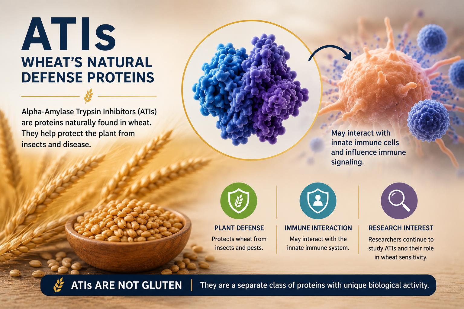 Educational infographic explaining Alpha-Amylase Trypsin Inhibitors (ATIs) in wheat and their potential interaction with the innate immune system