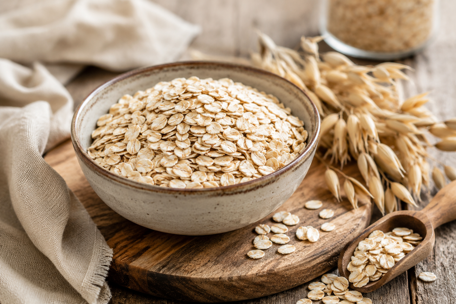 Bowl of rolled oats with oat stalks on a rustic wooden table representing oats and gluten free nutrition