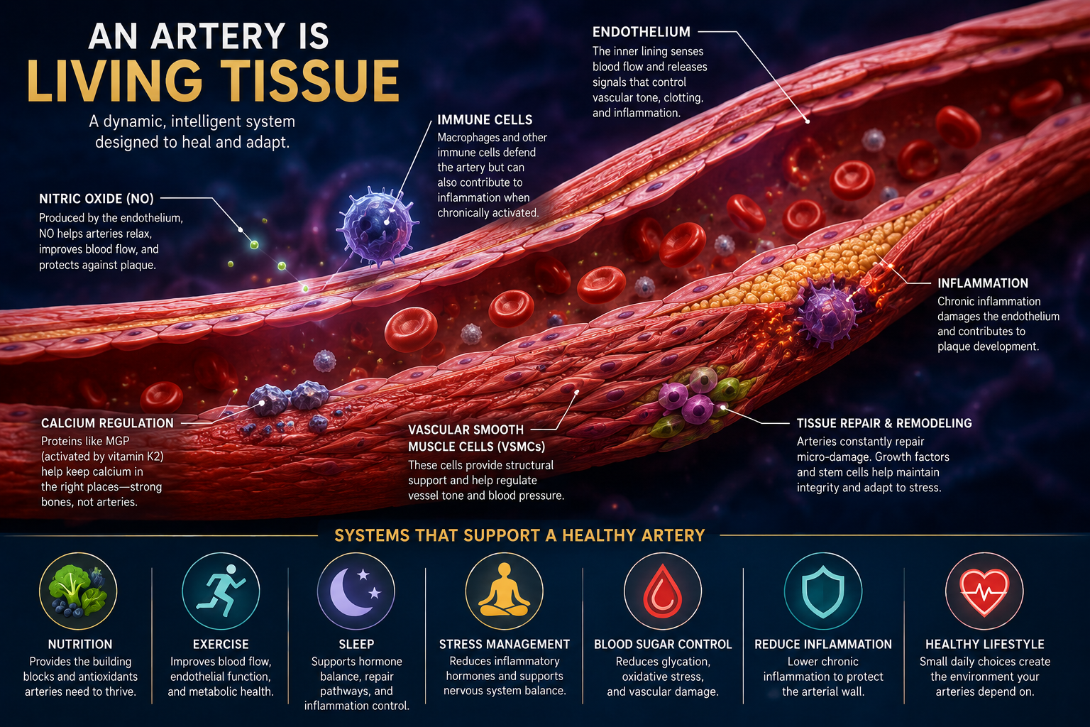 Medical illustration showing the living biology of an artery including the endothelium, immune cells, nitric oxide production, inflammation, calcium regulation, and tissue repair.