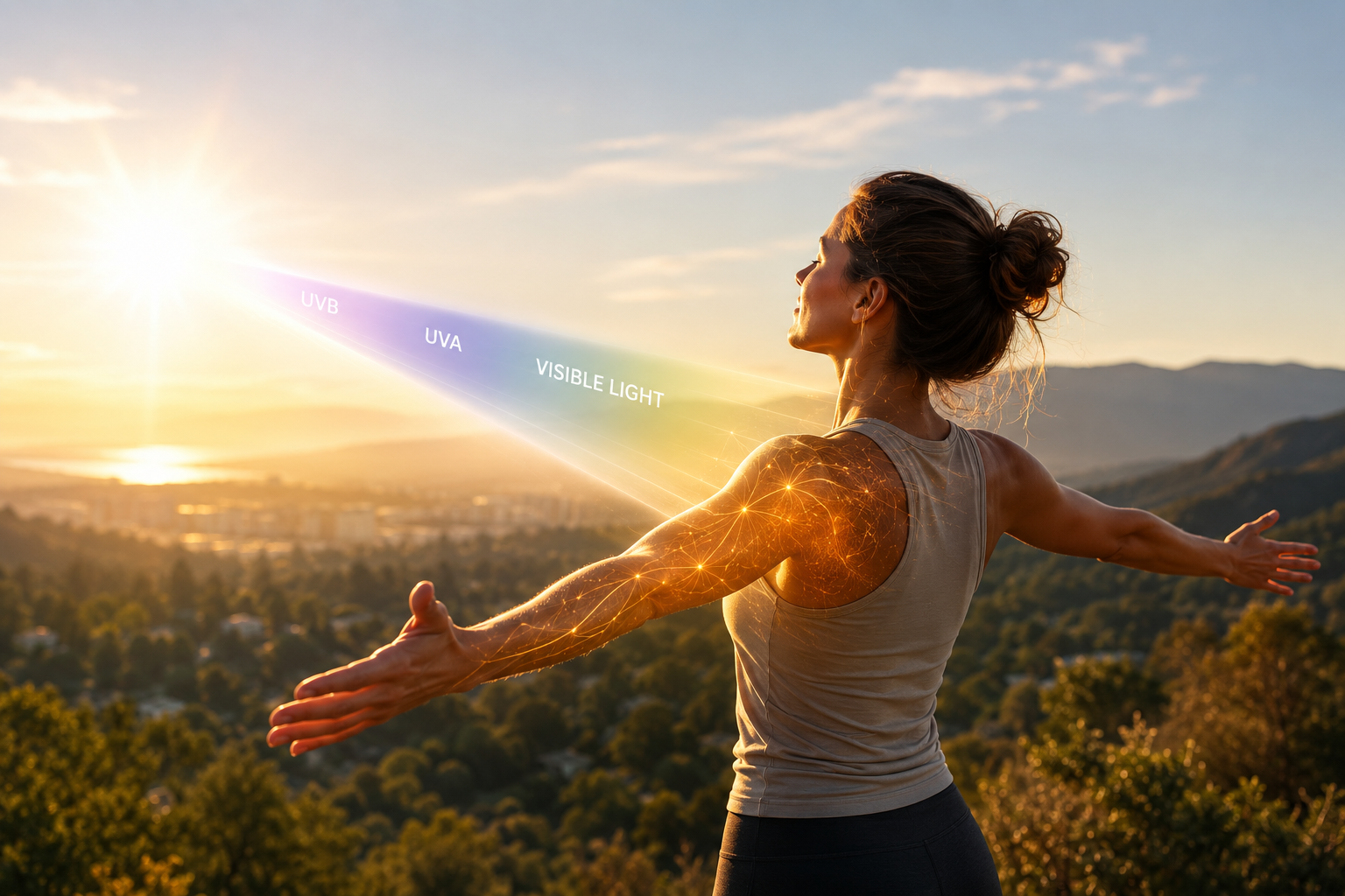 Morning sunlight providing natural UVB light that supports healthy biological communication and vitamin D production.