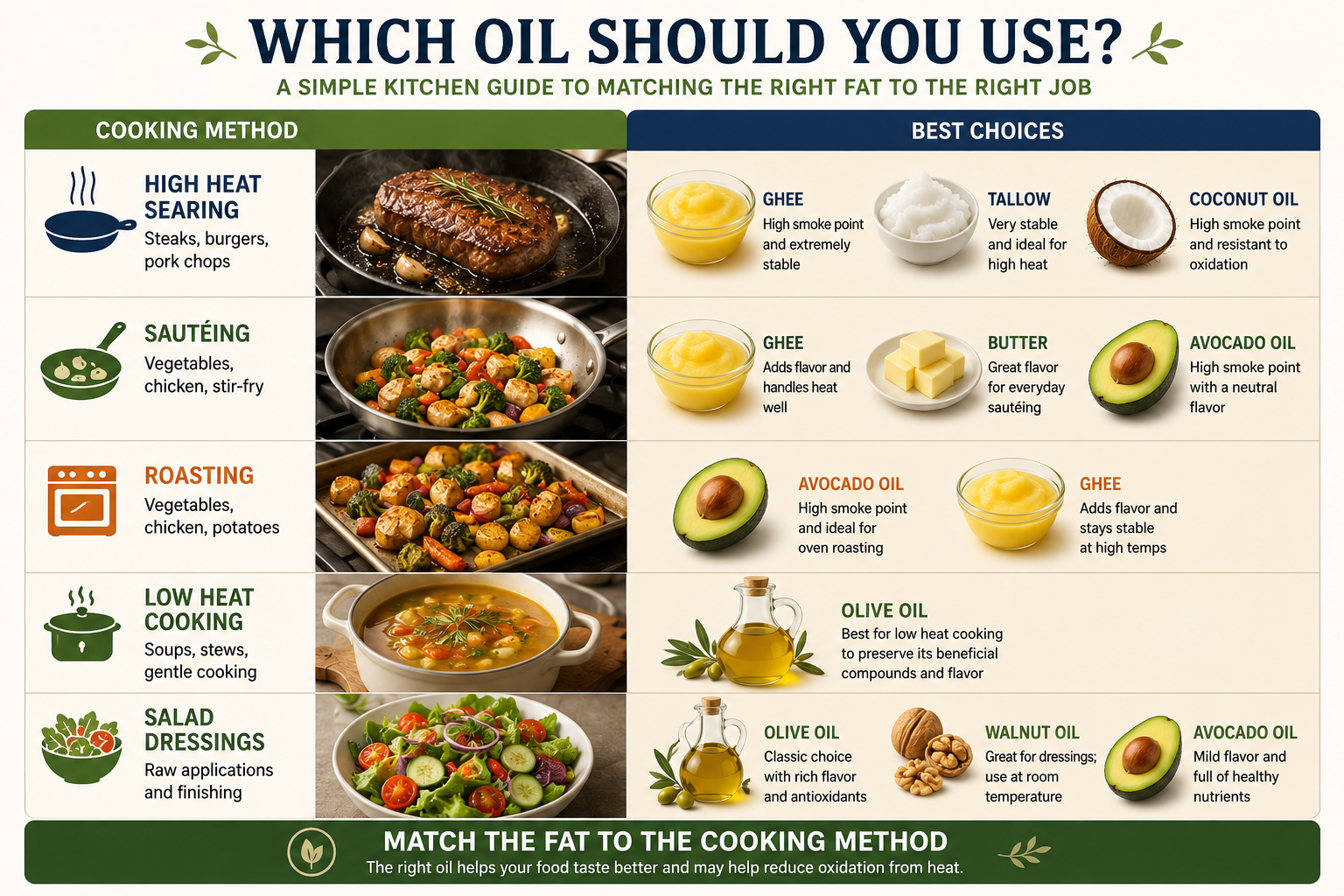 Infographic showing the best cooking oils and fats for high-heat cooking, sautéing, roasting, low-heat cooking, and salad dressings.