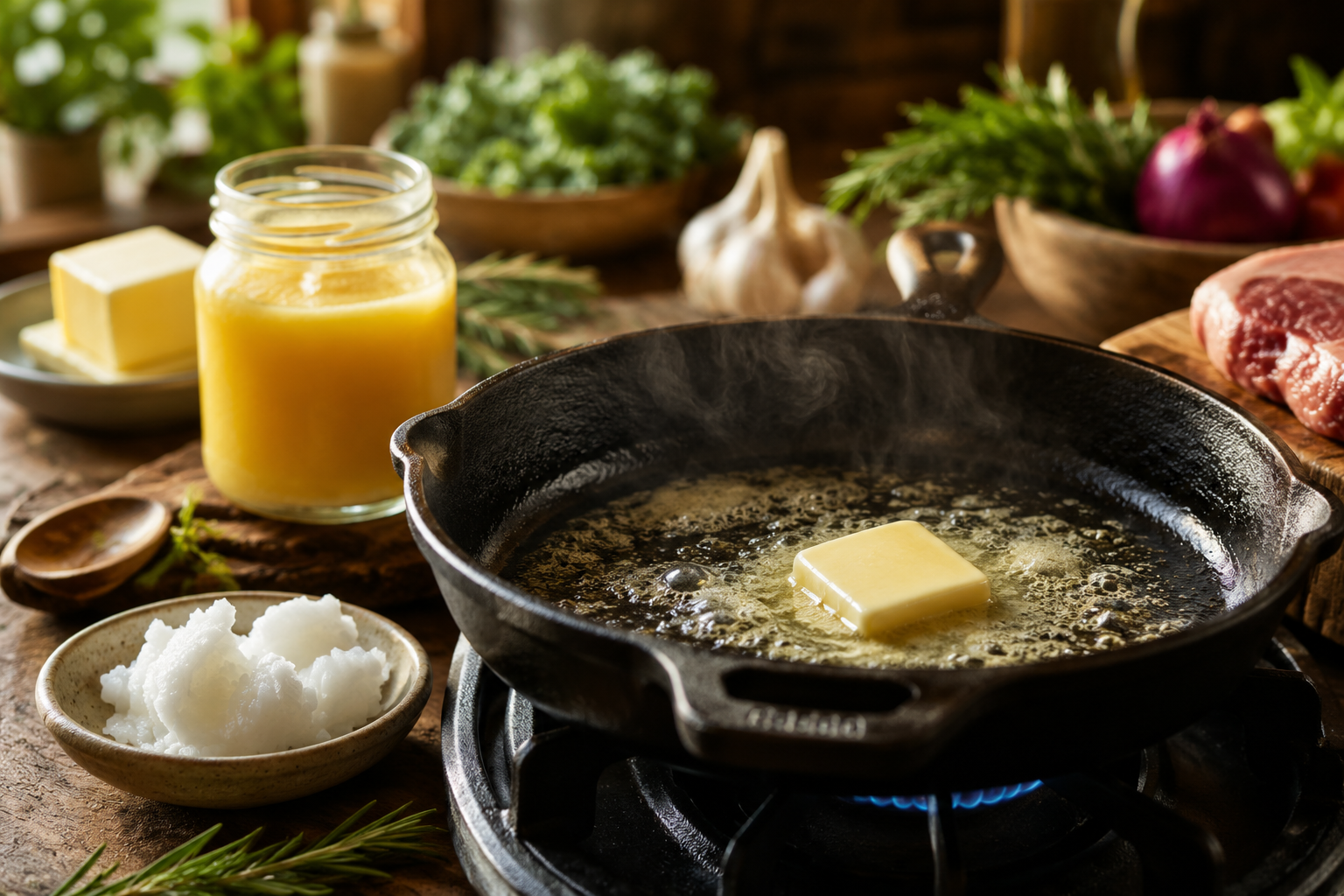 Cast iron skillet with melting butter, ghee, and coconut oil representing stable fats commonly used for cooking at higher temperatures.