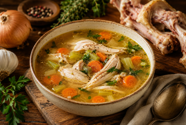 Homemade bone broth chicken soup with carrots, celery, herbs, and rich golden broth made from slow-cooked chicken bones