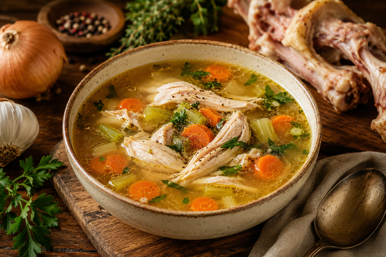 Homemade bone broth chicken soup with carrots, celery, herbs, and rich golden broth made from slow-cooked chicken bones