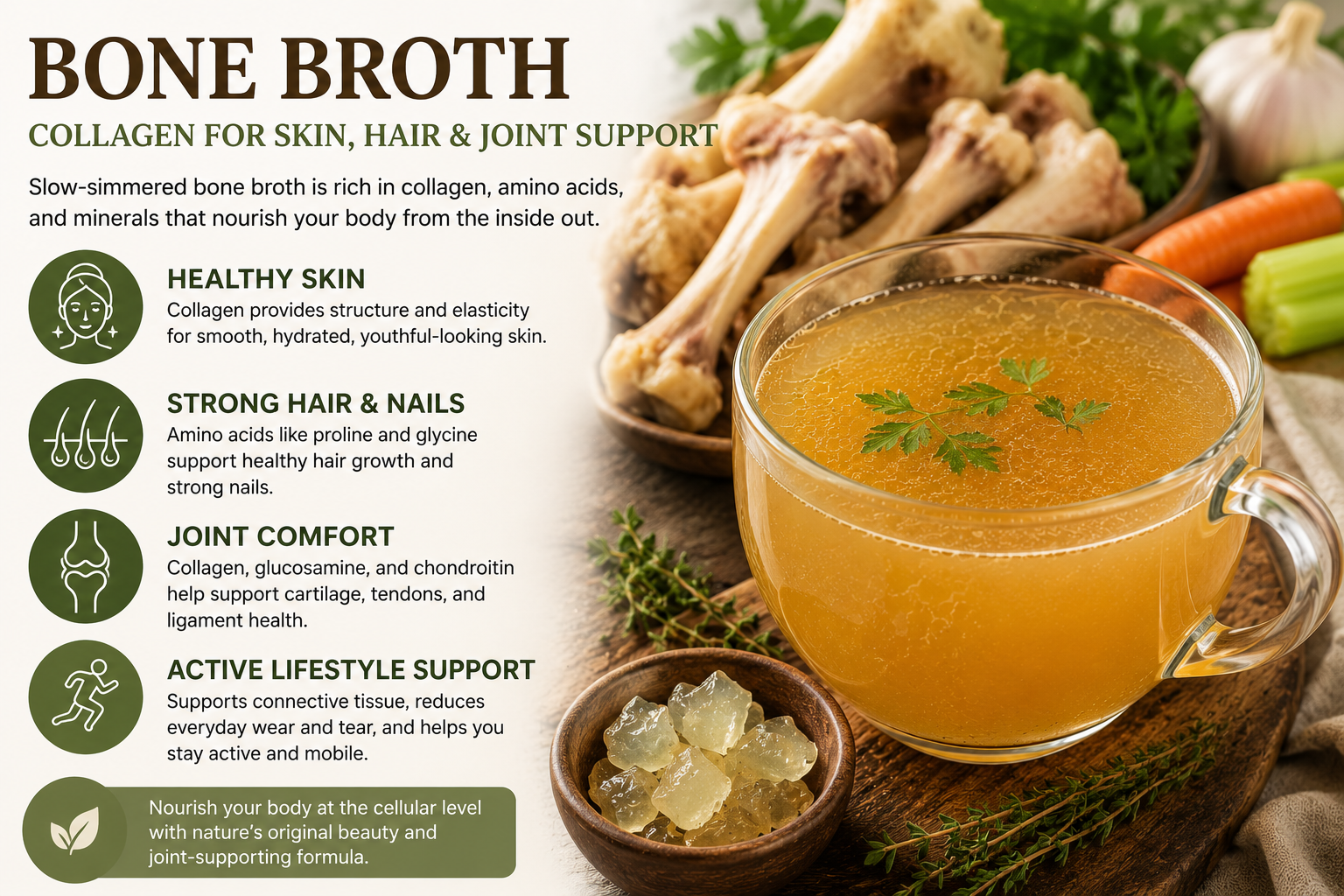 Bone broth collagen benefits for healthy skin, strong hair, nails, and joint support