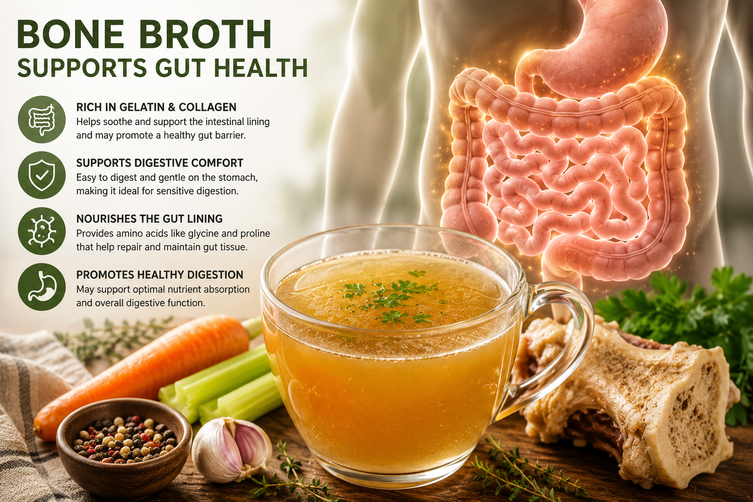 Bone broth supporting gut health with collagen, gelatin, digestive lining, and nutrient-rich broth illustration
