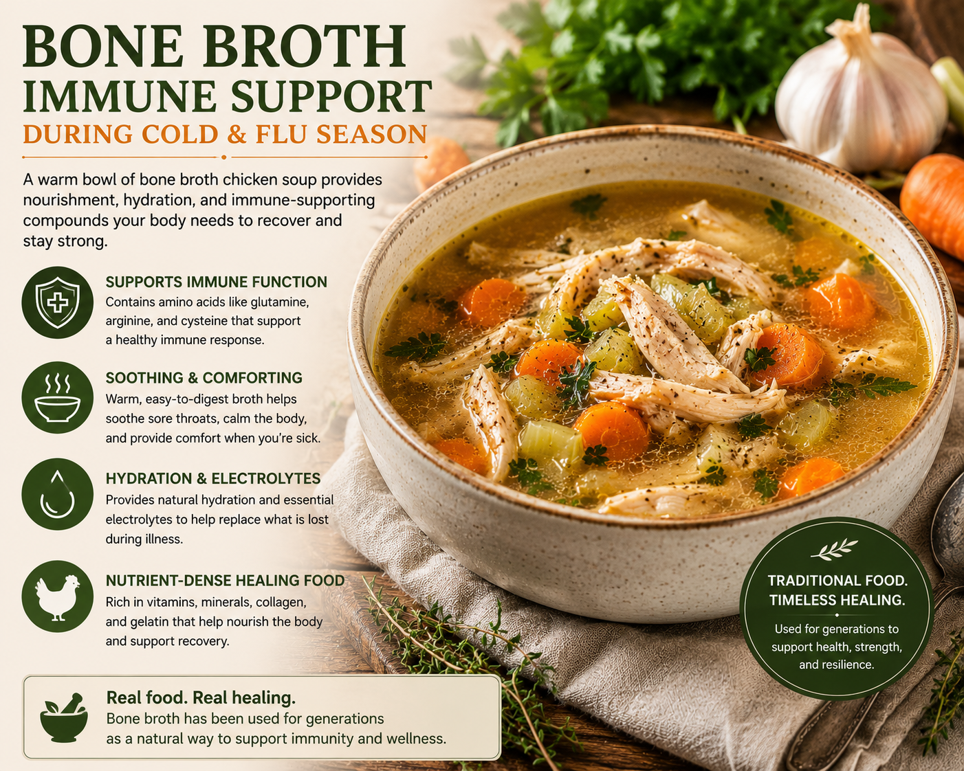 Warm bone broth chicken soup supporting immune health, hydration, and recovery during cold and flu season