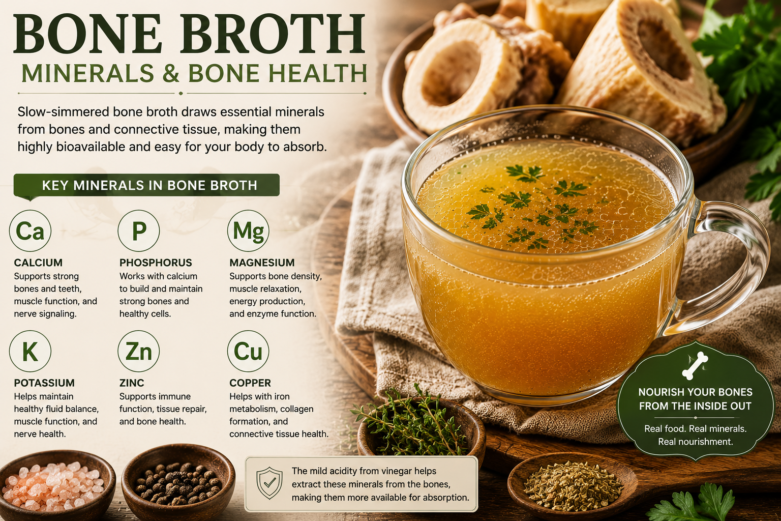 Bone broth rich in calcium, magnesium, phosphorus, and minerals that support healthy bones and teeth