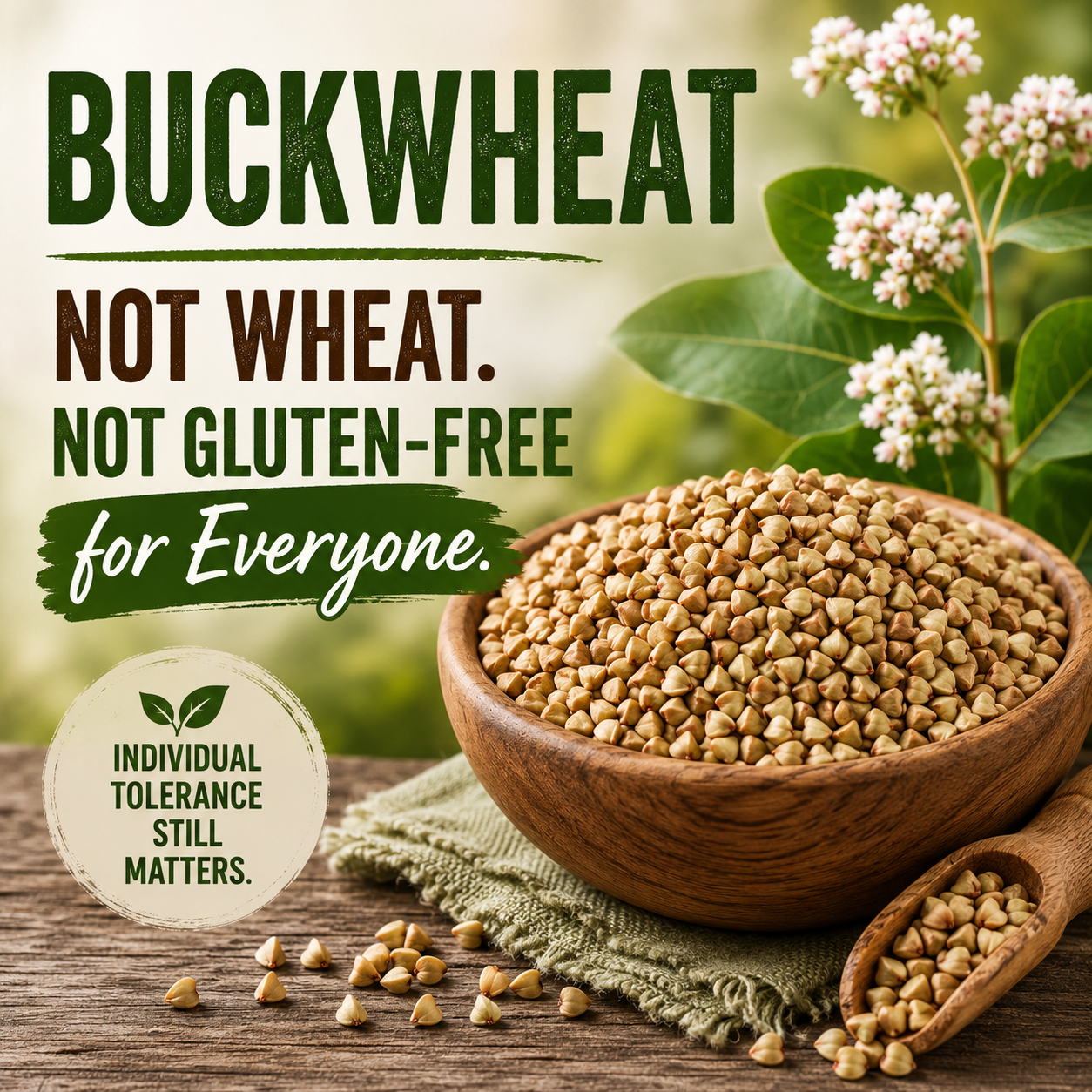Buckwheat groats in a wooden bowl with buckwheat flowers illustrating that buckwheat is not related to wheat and individual tolerance varies