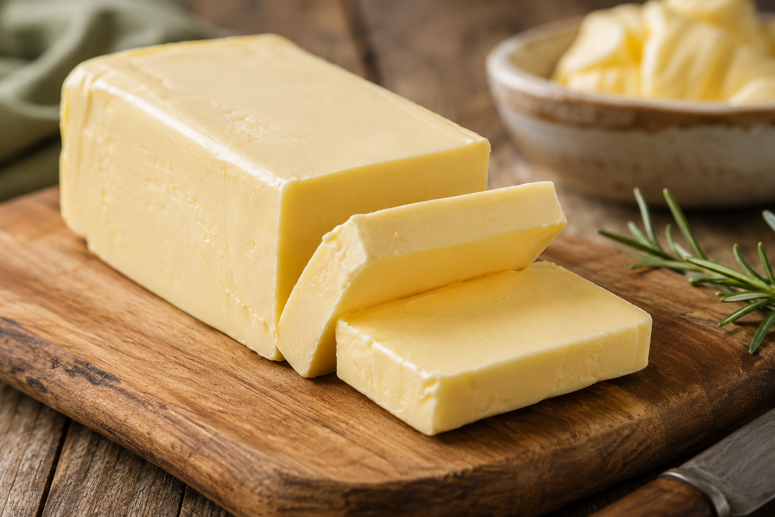 Grass-fed butter on a rustic wooden cutting board in a natural kitchen setting