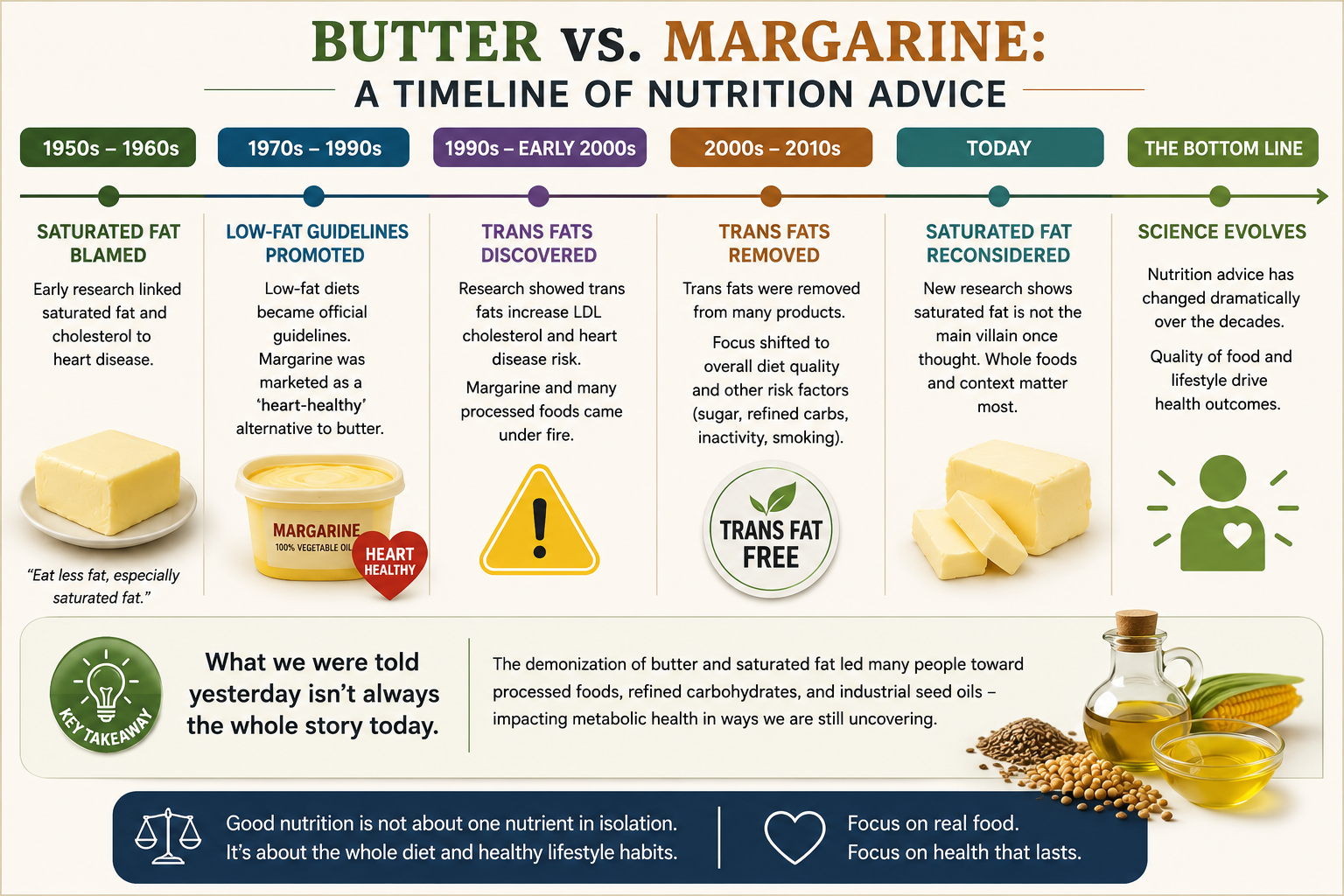Timeline showing how nutrition advice shifted from avoiding butter to re-evaluating saturated fat and removing trans fats from the food supply