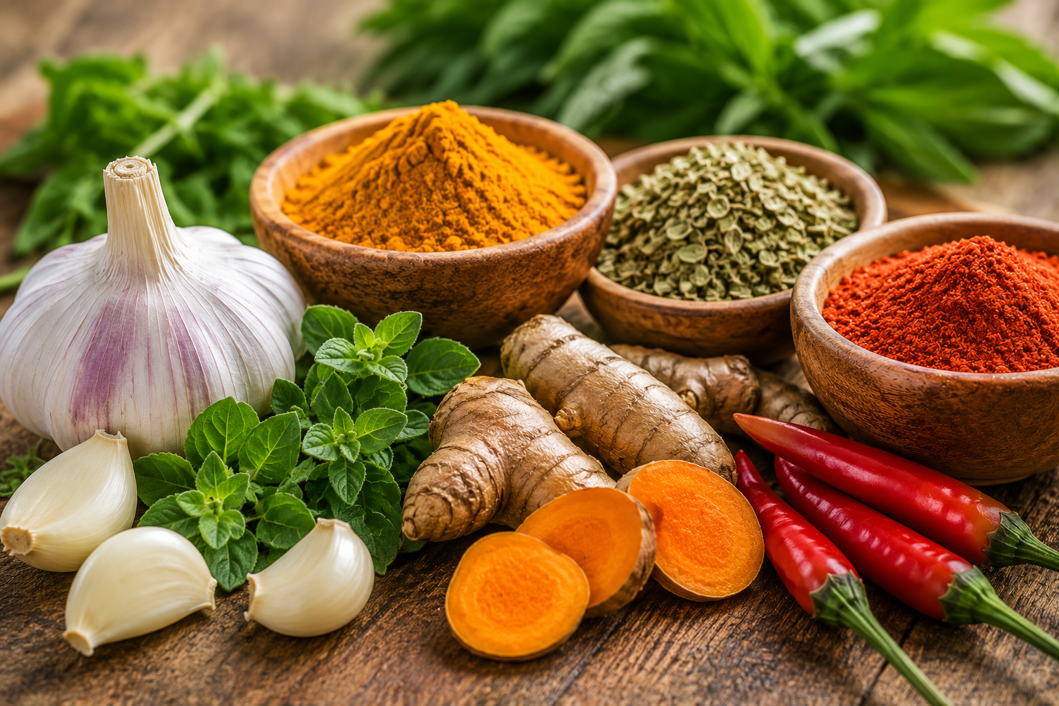 Fresh garlic, turmeric, oregano, and cayenne pepper displayed on a wooden table as natural foods associated with antioxidant and anti-inflammatory benefits.