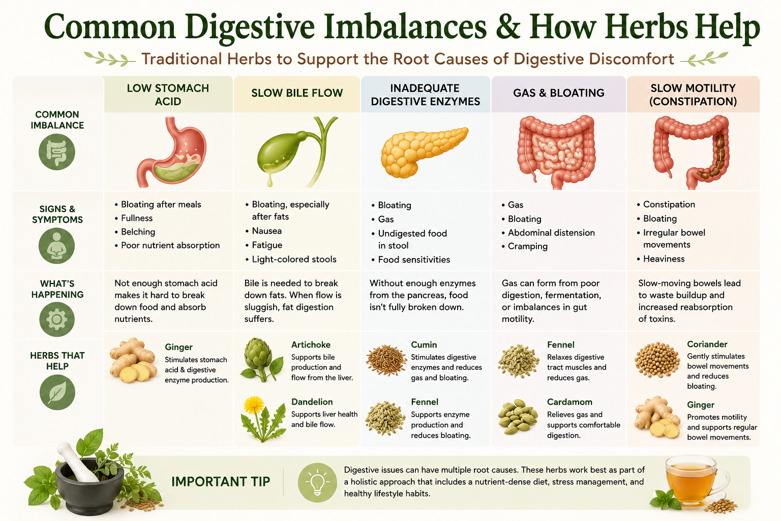Infographic showing common digestive imbalances including low stomach acid, poor bile flow, digestive enzyme insufficiency, bloating, and constipation, along with traditional herbs used to support digestion.