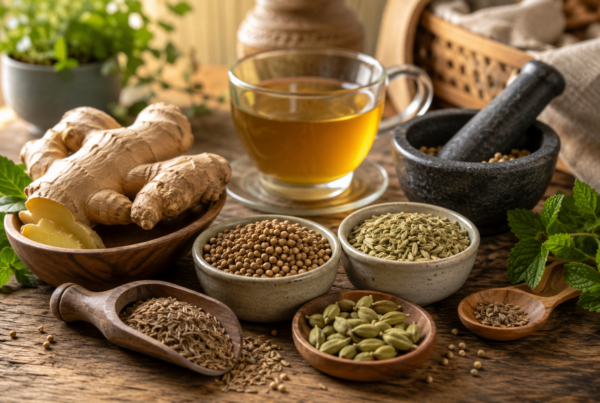 Fresh ginger, cumin, coriander, fennel, cardamom, and herbal tea arranged on a rustic wooden table to represent traditional digestive herbs.