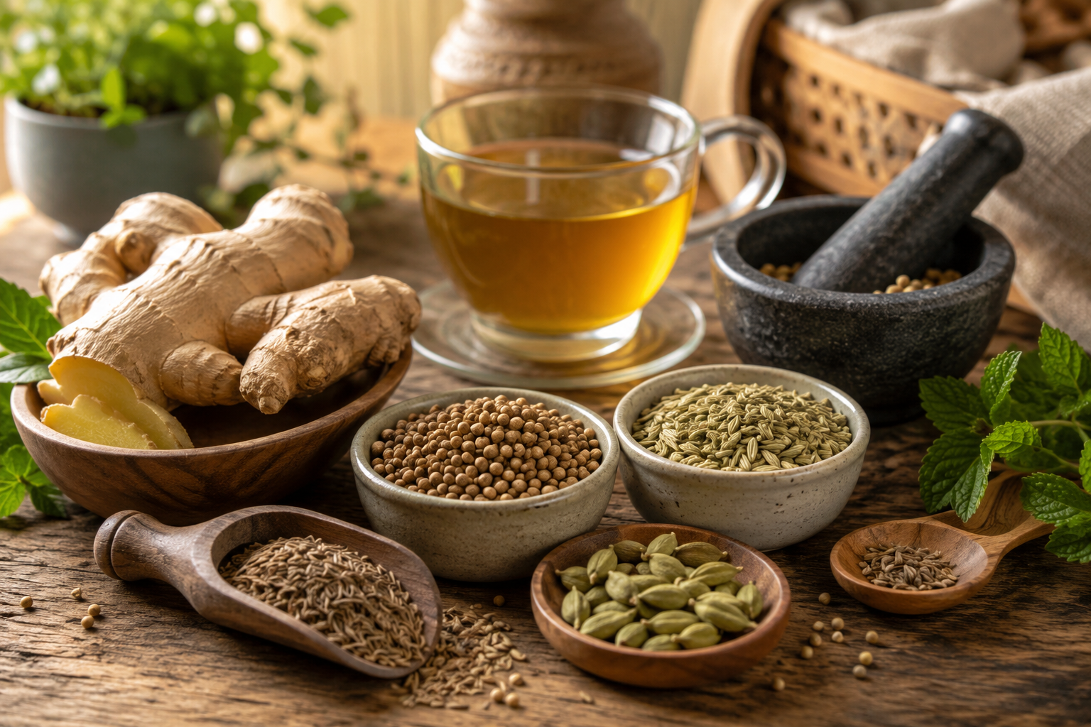Fresh ginger, cumin, coriander, fennel, cardamom, and herbal tea arranged on a rustic wooden table to represent traditional digestive herbs.