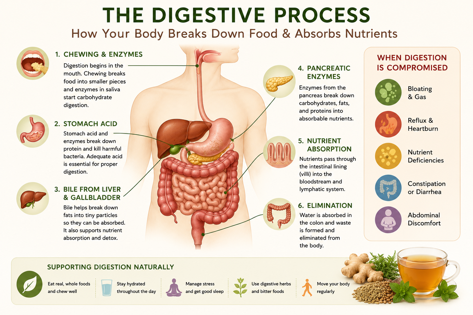 Infographic illustrating the digestive process including stomach acid production, bile release, pancreatic enzymes, nutrient absorption, and elimination.