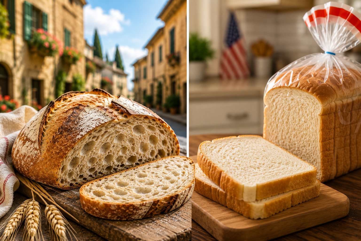 Split image comparing traditional artisan European bread with commercially produced American sandwich bread.