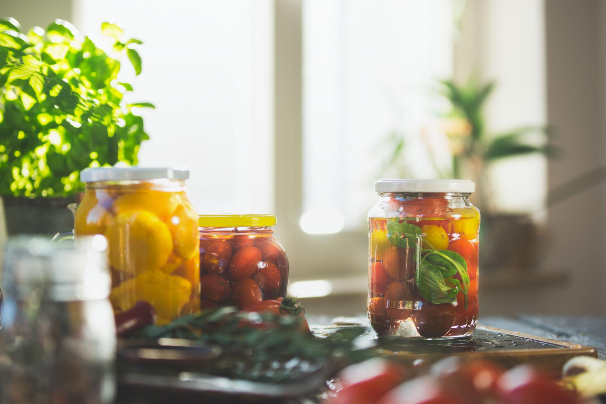 Homemade fermented vegetables in Mason jars with cabbage carrots and beets for gut health support