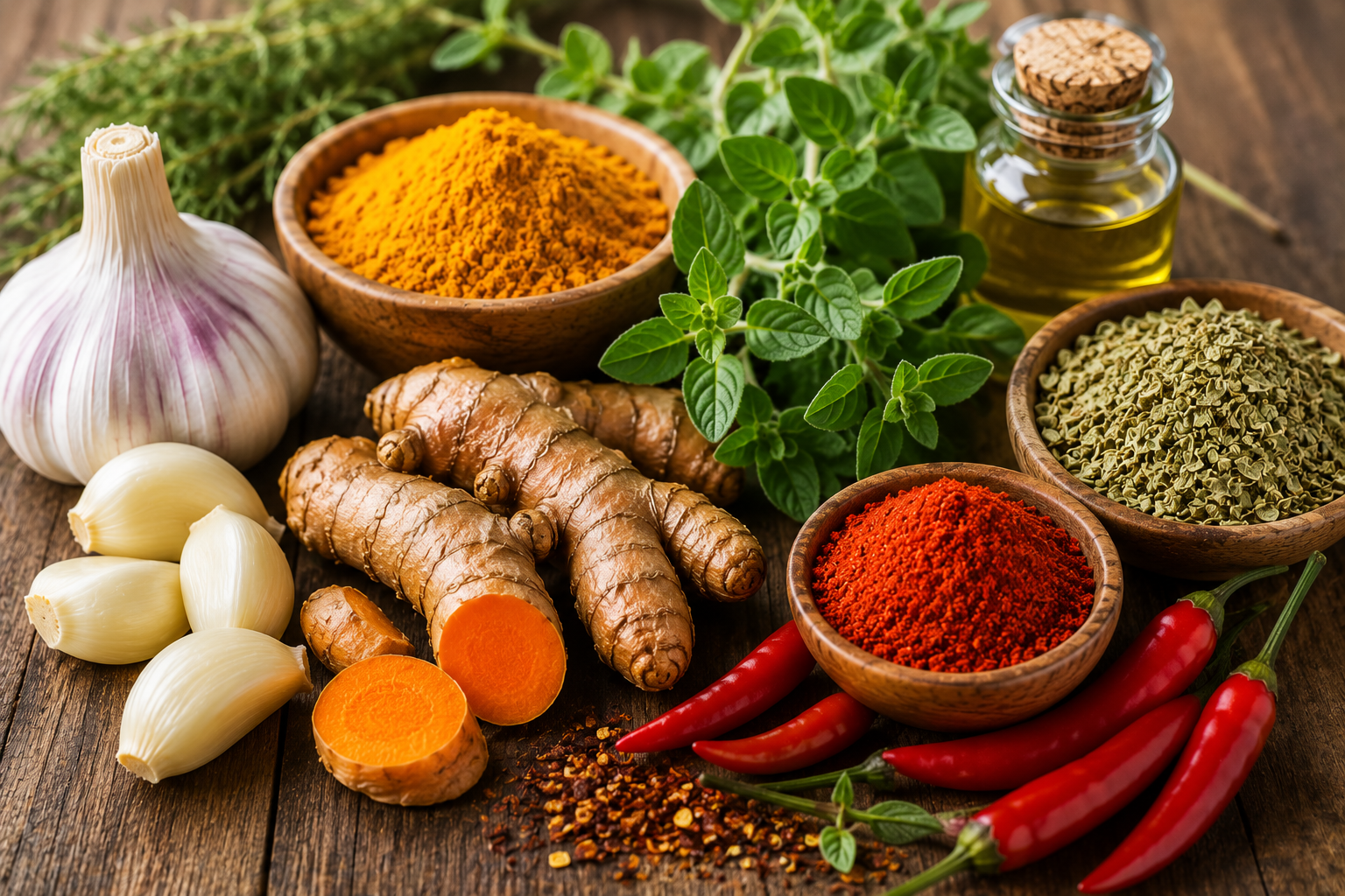 Fresh garlic, turmeric root, oregano, cayenne pepper, and olive oil displayed together as nutrient-dense foods rich in antioxidants and phytochemicals.