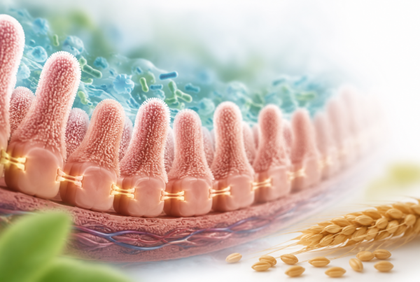 Medical illustration of a healthy intestinal barrier showing intestinal villi, tight junctions, and the relationship between gluten and gut health.