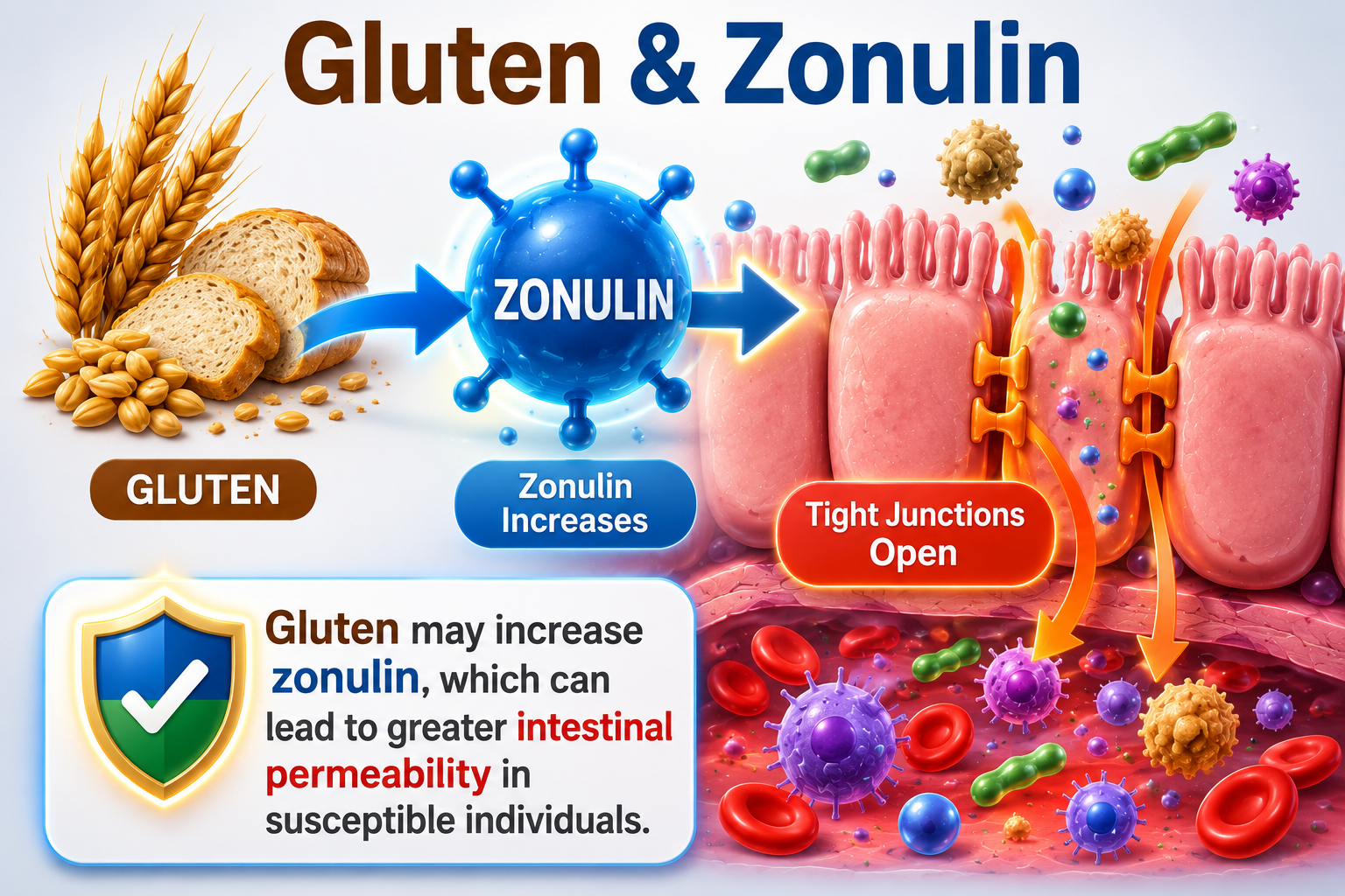 Educational infographic illustrating how gluten may stimulate zonulin release and influence intestinal permeability in susceptible individuals.