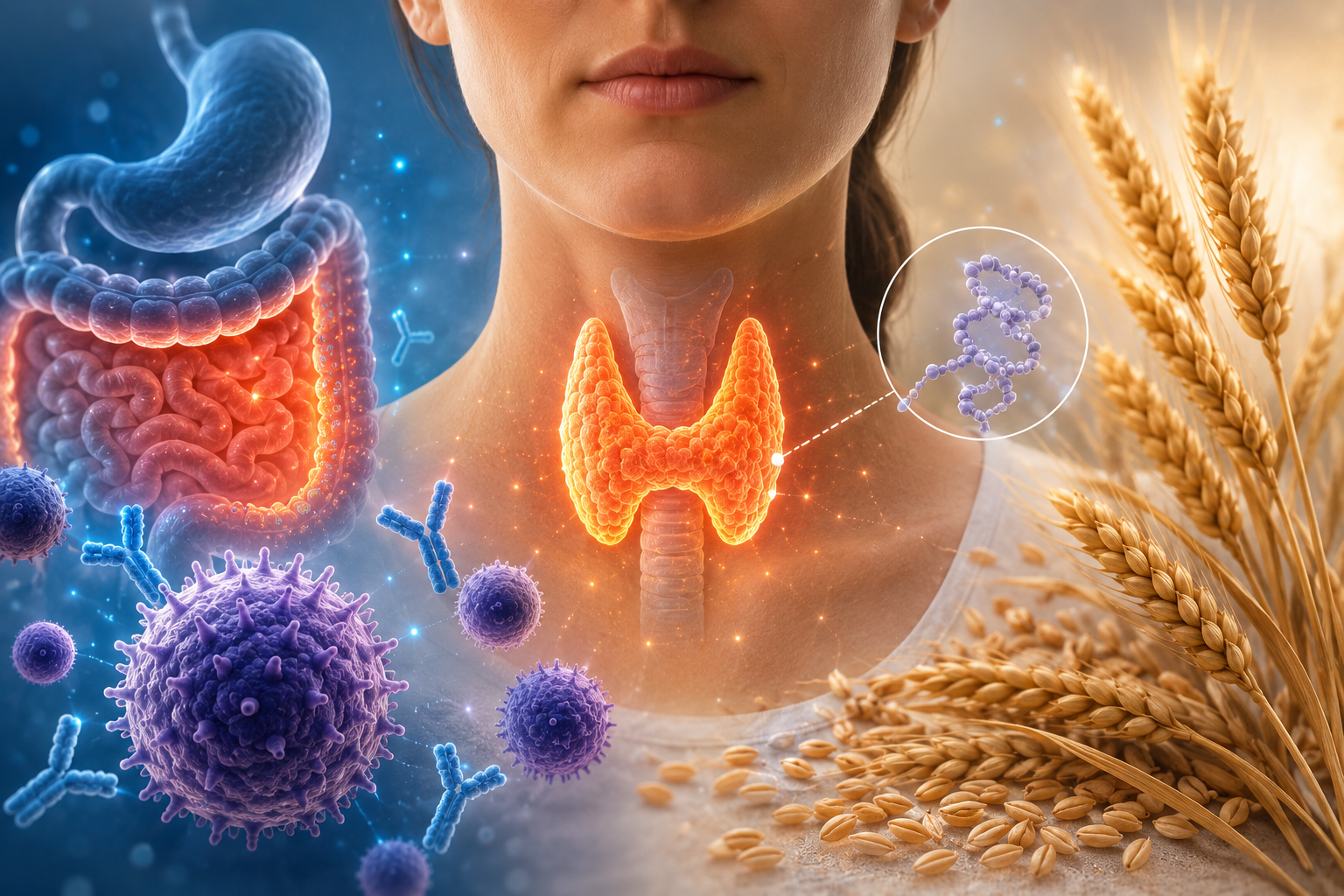 Medical illustration showing the connection between gluten gut health immune function thyroid health and autoimmune disease