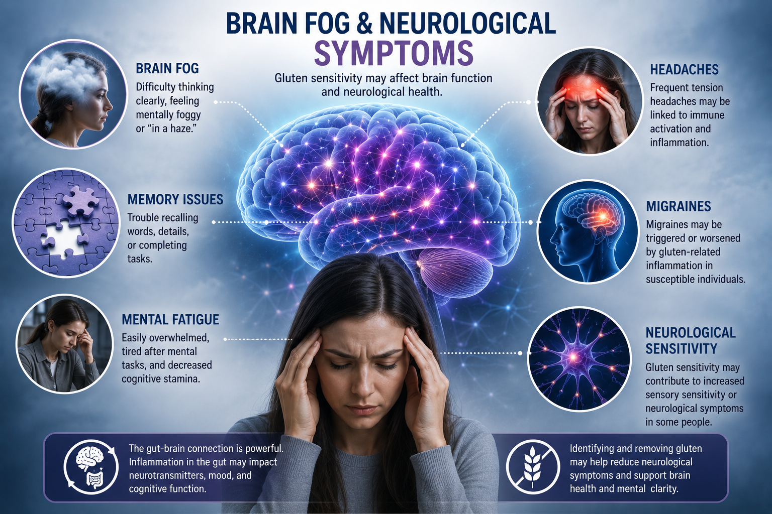 Medical infographic showing brain fog headaches migraines memory problems and neurological symptoms associated with gluten sensitivity