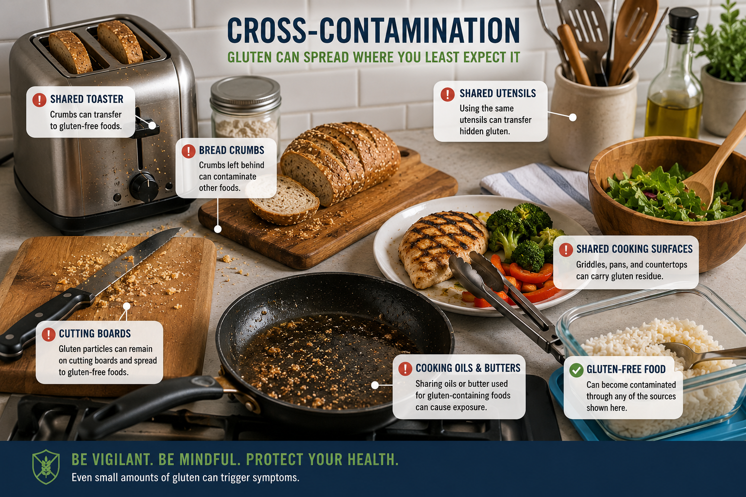 Infographic showing common kitchen sources of gluten cross-contamination including toasters cutting boards utensils cookware and shared food preparation surfaces