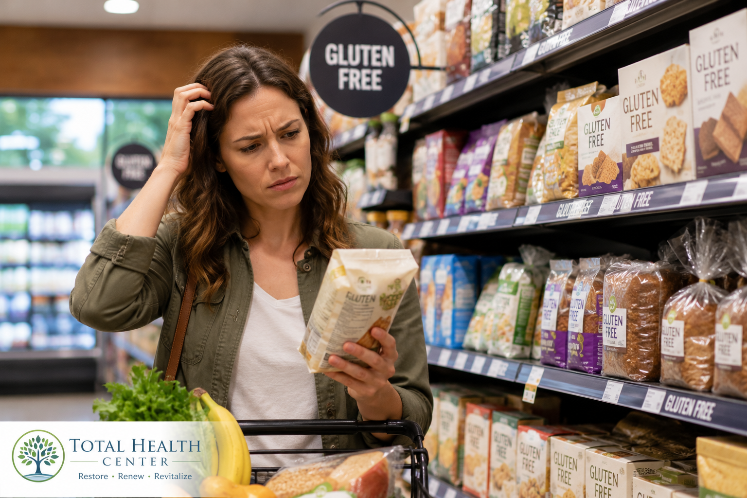 Person shopping for gluten free foods while feeling confused about ongoing digestive symptoms and health problems