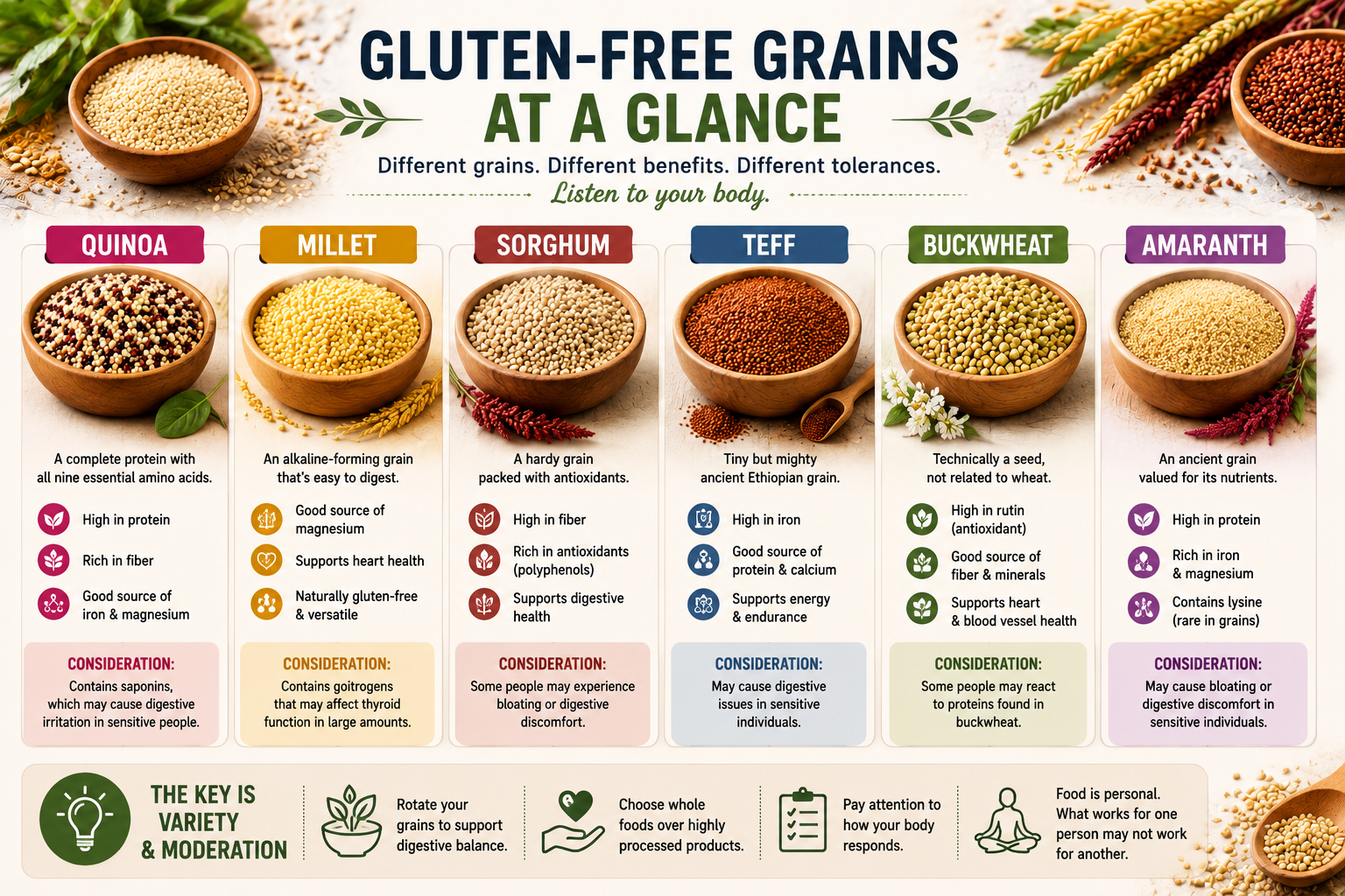 Comparison infographic featuring quinoa millet sorghum teff buckwheat and amaranth with nutritional highlights and dietary considerations