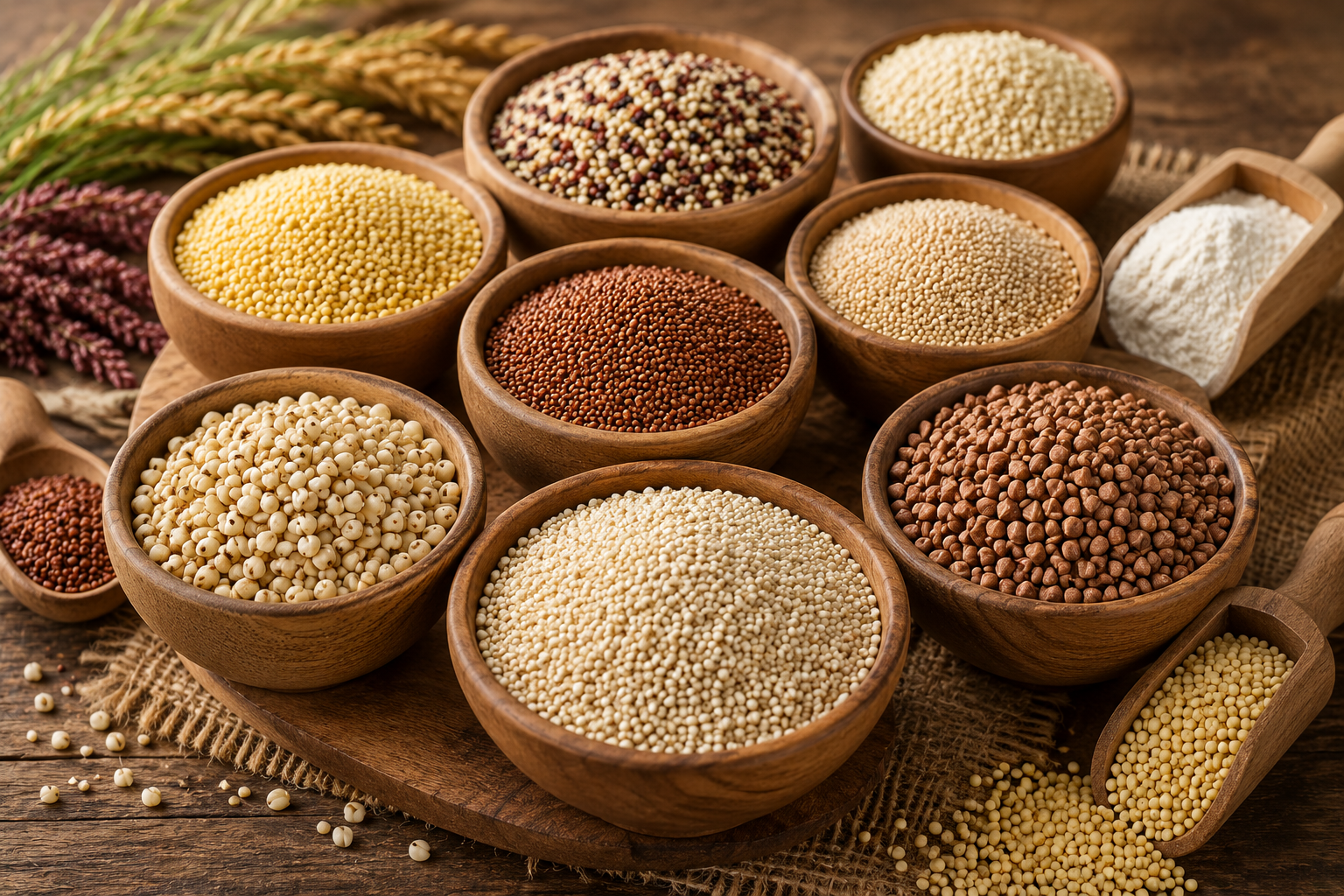 Assortment of gluten free grains including quinoa millet sorghum teff buckwheat and amaranth displayed in wooden bowls on a rustic table