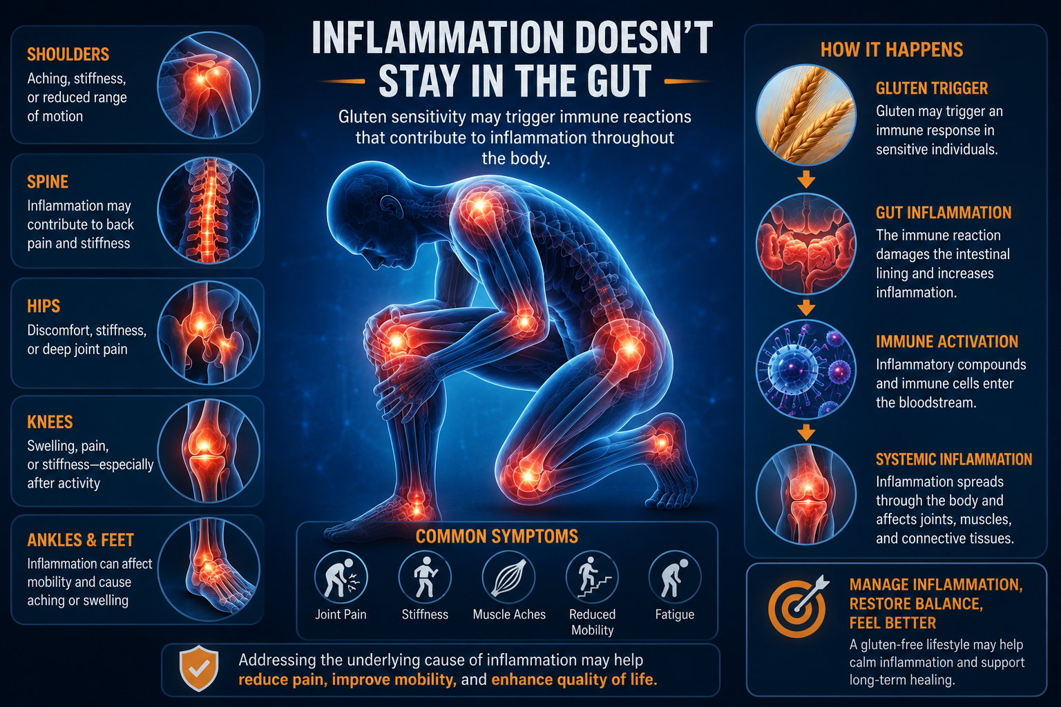 Medical infographic showing joint pain stiffness muscle aches and systemic inflammation that may be associated with gluten sensitivity