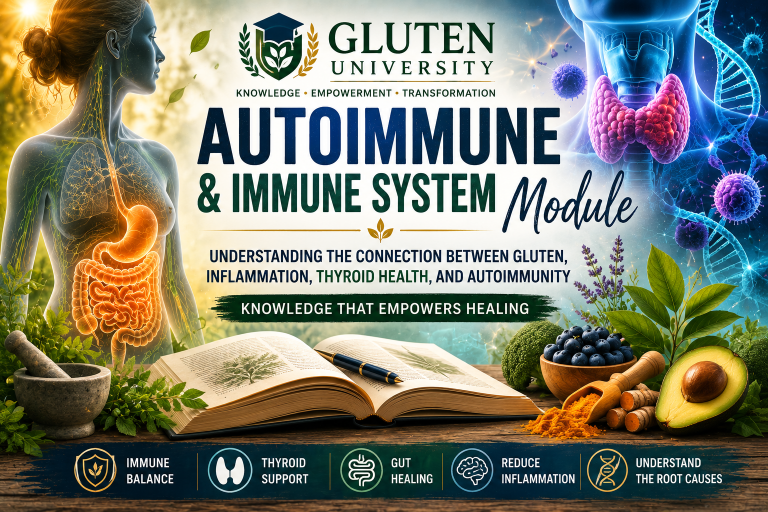 Gluten University Autoimmune and Immune System Module banner featuring thyroid health immune function gut health inflammation and functional medicine concepts