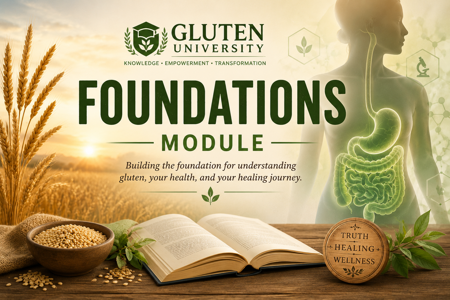 Gluten University Foundations Module banner featuring wheat field digestive health educational book and foundational gluten education concepts