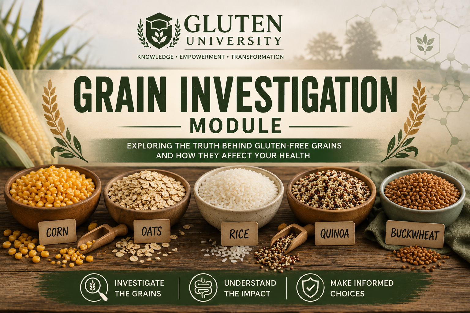 Gluten University Grain Investigation Module banner featuring corn oats rice quinoa and buckwheat used in gluten free diets