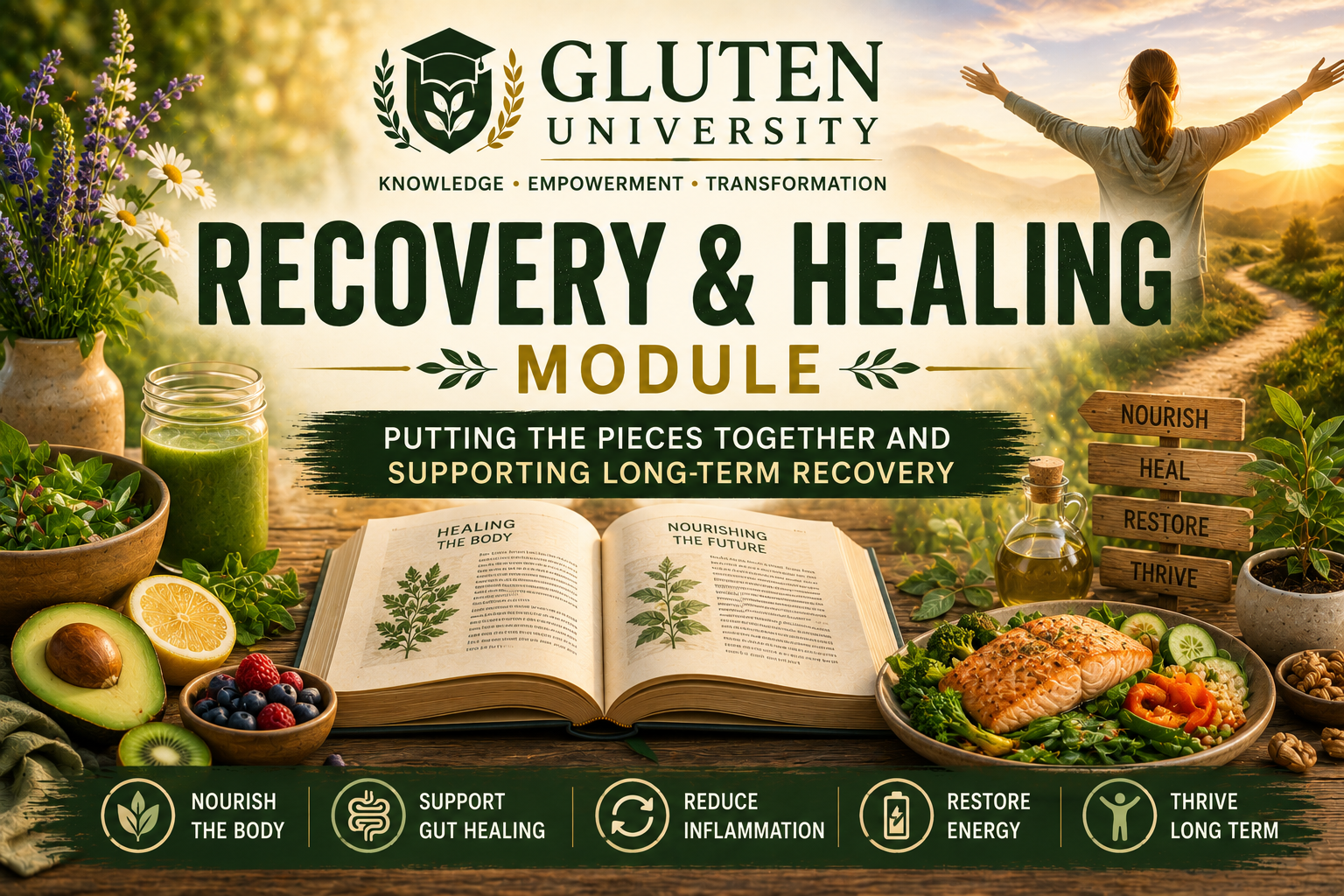 Gluten University Recovery and Healing Module banner featuring healthy foods gut healing recovery wellness and long term health strategies