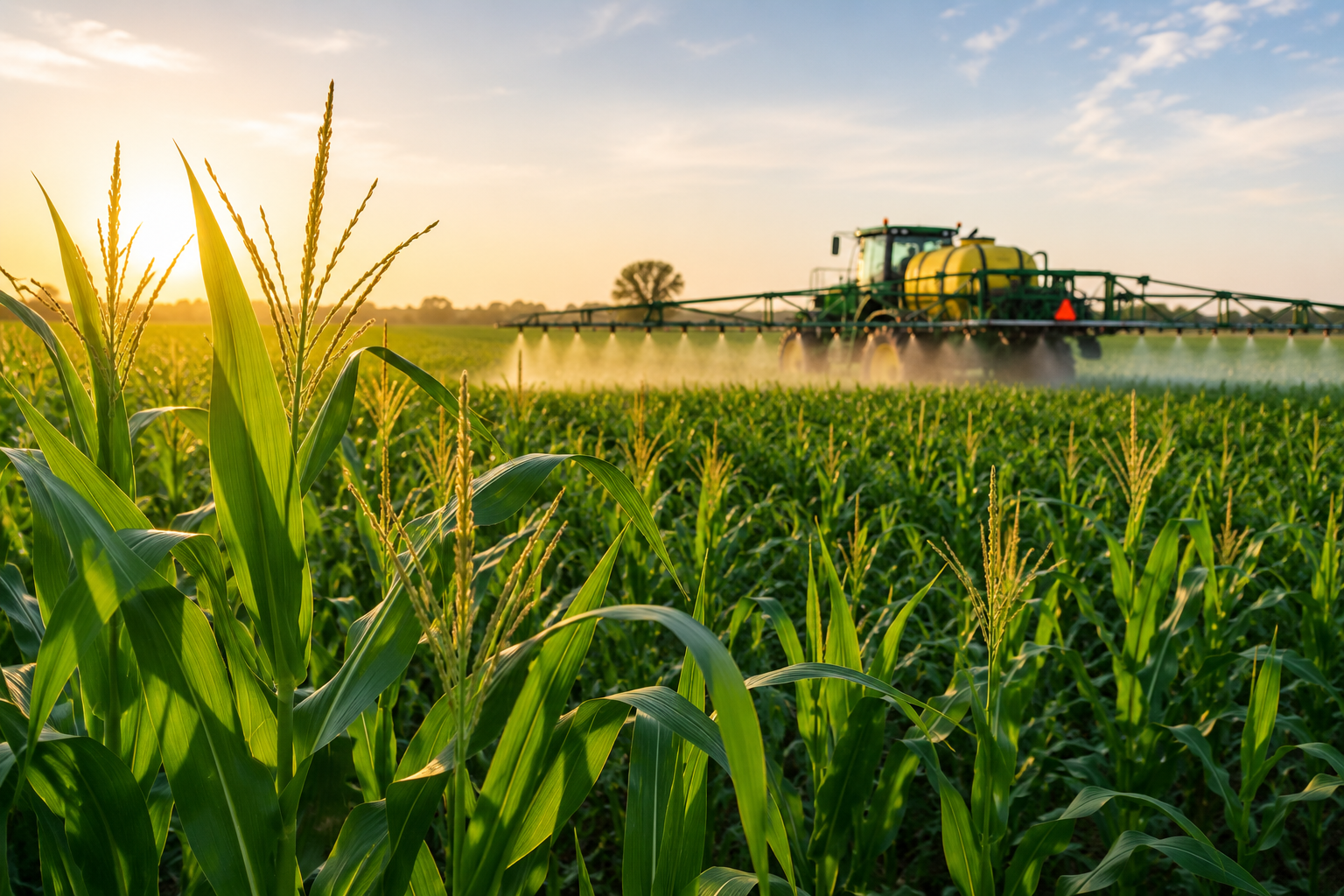 Corn field with agricultural spraying equipment illustrating modern corn production GMO farming and herbicide application practices
