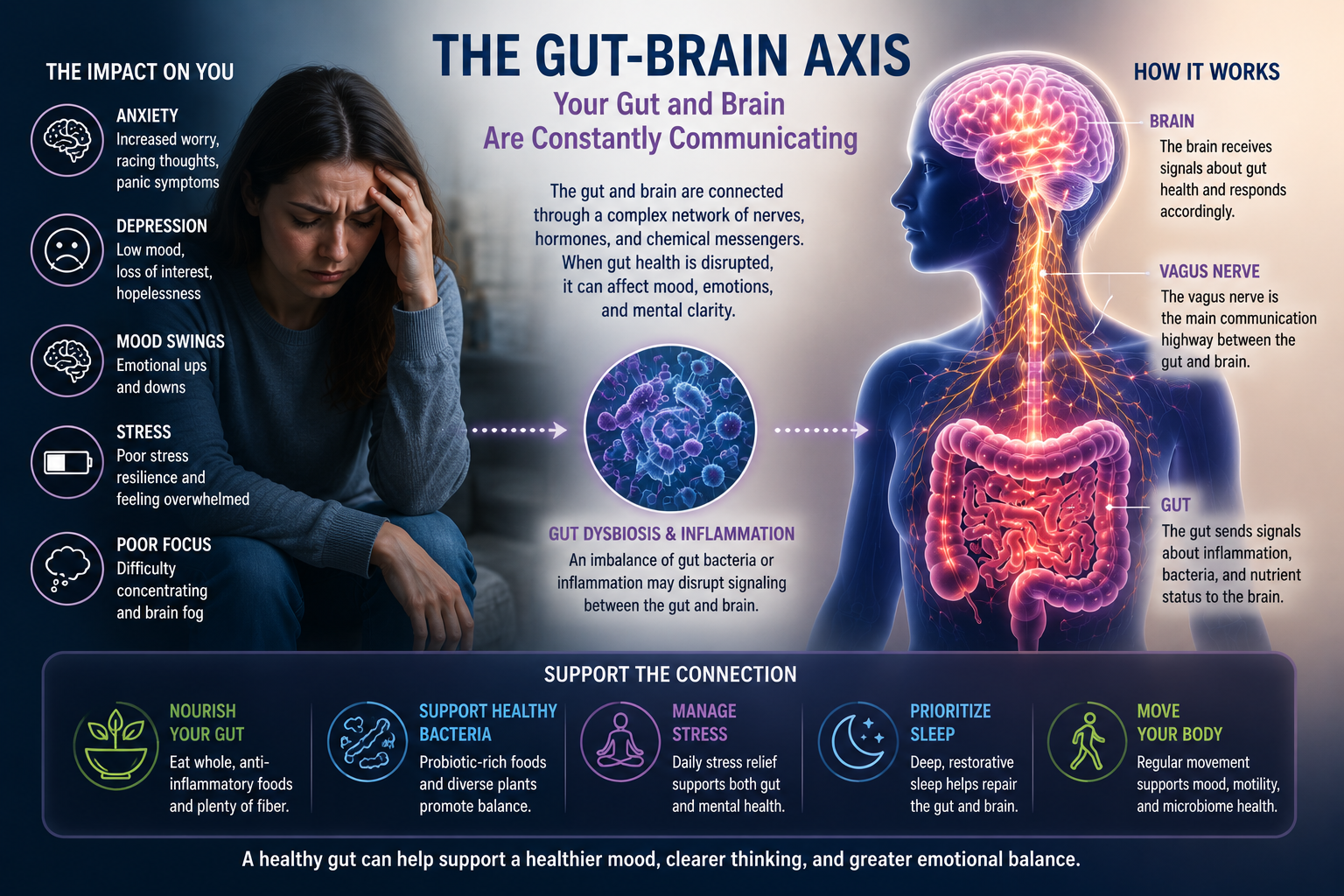 Medical infographic illustrating the gut brain axis and the connection between digestive health anxiety depression stress mood and mental clarity