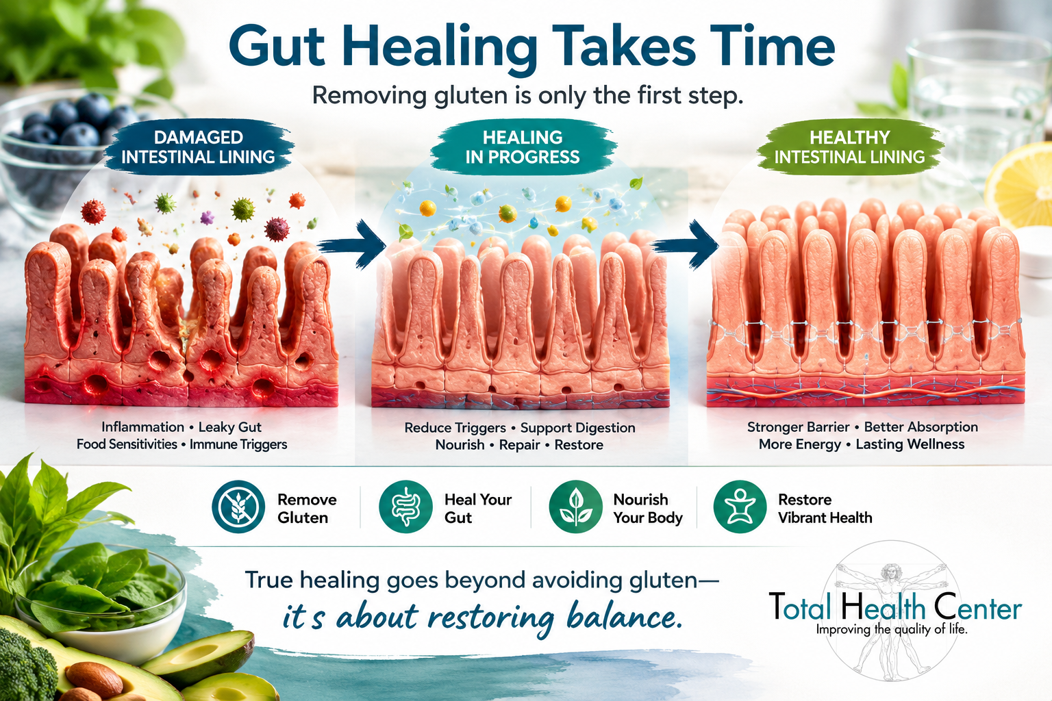 Infographic showing the progression from damaged intestinal lining to healthy gut healing after removing gluten and supporting digestive health